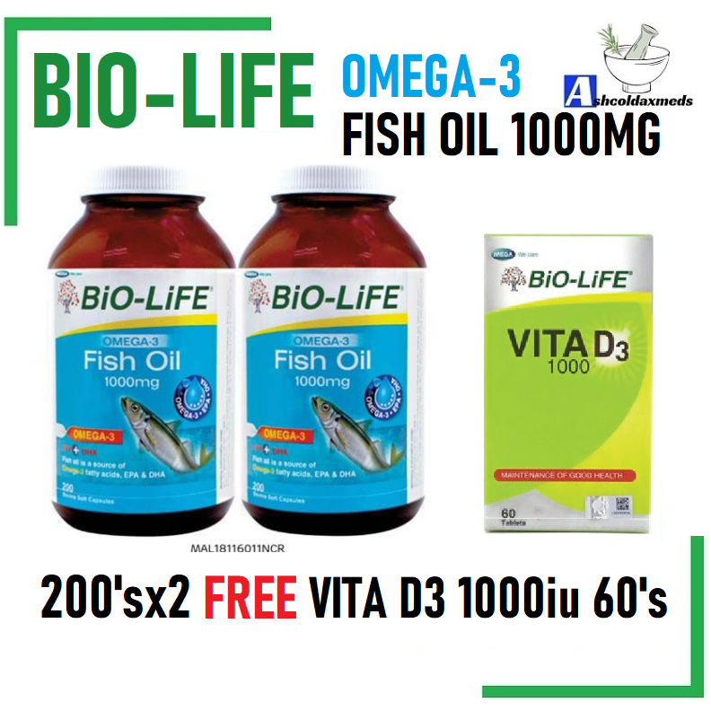 Biolife Omega-3 Fish Oil 1000mg 200'S OR 2X200'S FOC VITAMIN D3 60'S ...