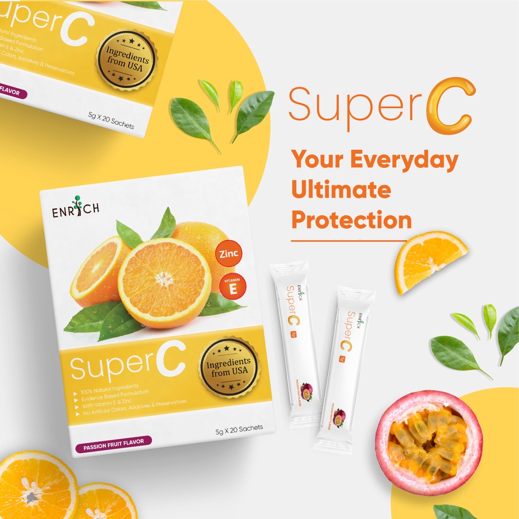 ENRICH Super C Vit E + Zinc (Passion Fruit 5g x 20s) - Farmasi Limbongan